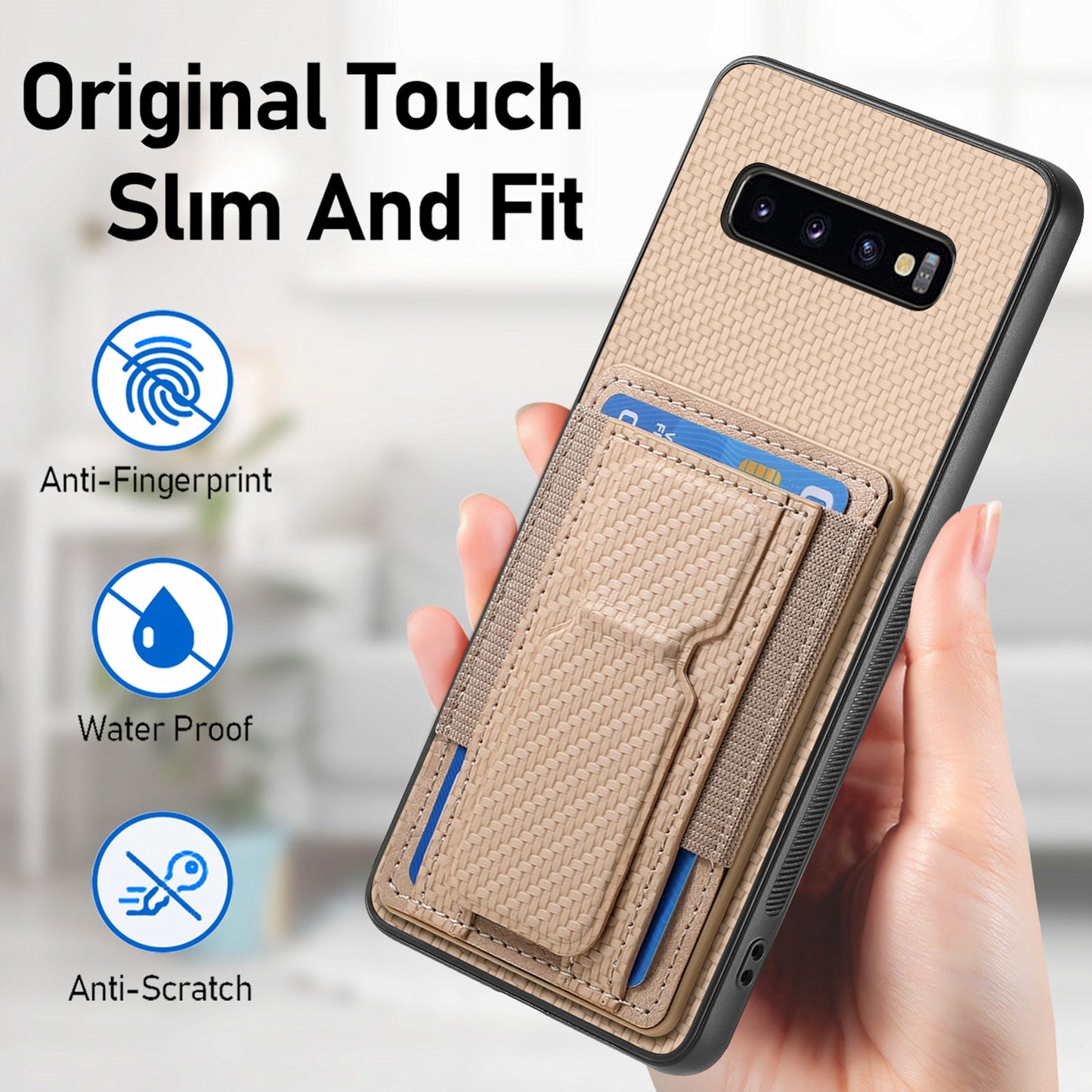 Samsung Galaxy S10+ Carbon Fiber Fold Stand Elastic Card Bag Phone Case with Multi-Functional Wallet