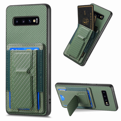 Samsung Galaxy S10+ Carbon Fiber Fold Stand Elastic Card Bag Phone Case with Multi-Functional Wallet