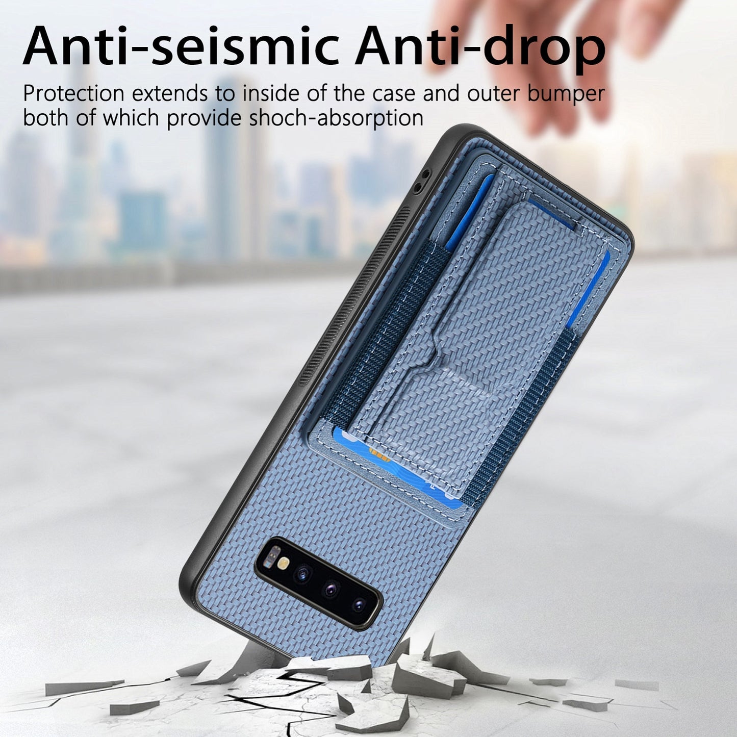 Samsung Galaxy S10e Carbon Fiber Fold Stand Elastic Card Bag Phone Case with Multi-Functional Wallet