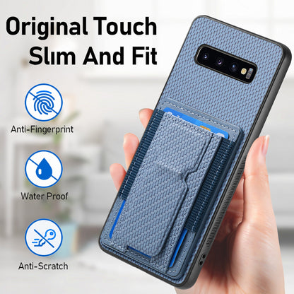 Samsung Galaxy S10e Carbon Fiber Fold Stand Elastic Card Bag Phone Case with Multi-Functional Wallet