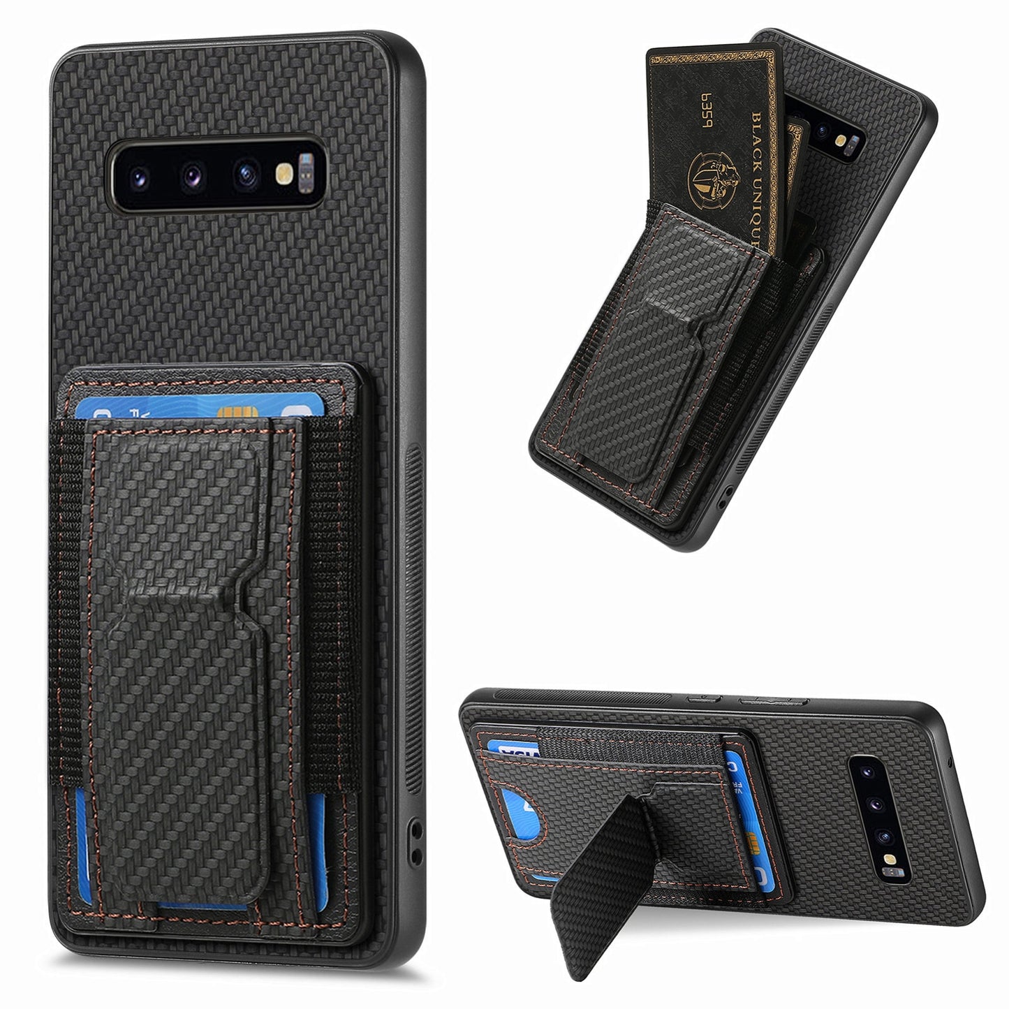 Samsung Galaxy S10e Carbon Fiber Fold Stand Elastic Card Bag Phone Case with Multi-Functional Wallet