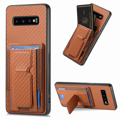 Samsung Galaxy S10e Carbon Fiber Fold Stand Elastic Card Bag Phone Case with Multi-Functional Wallet