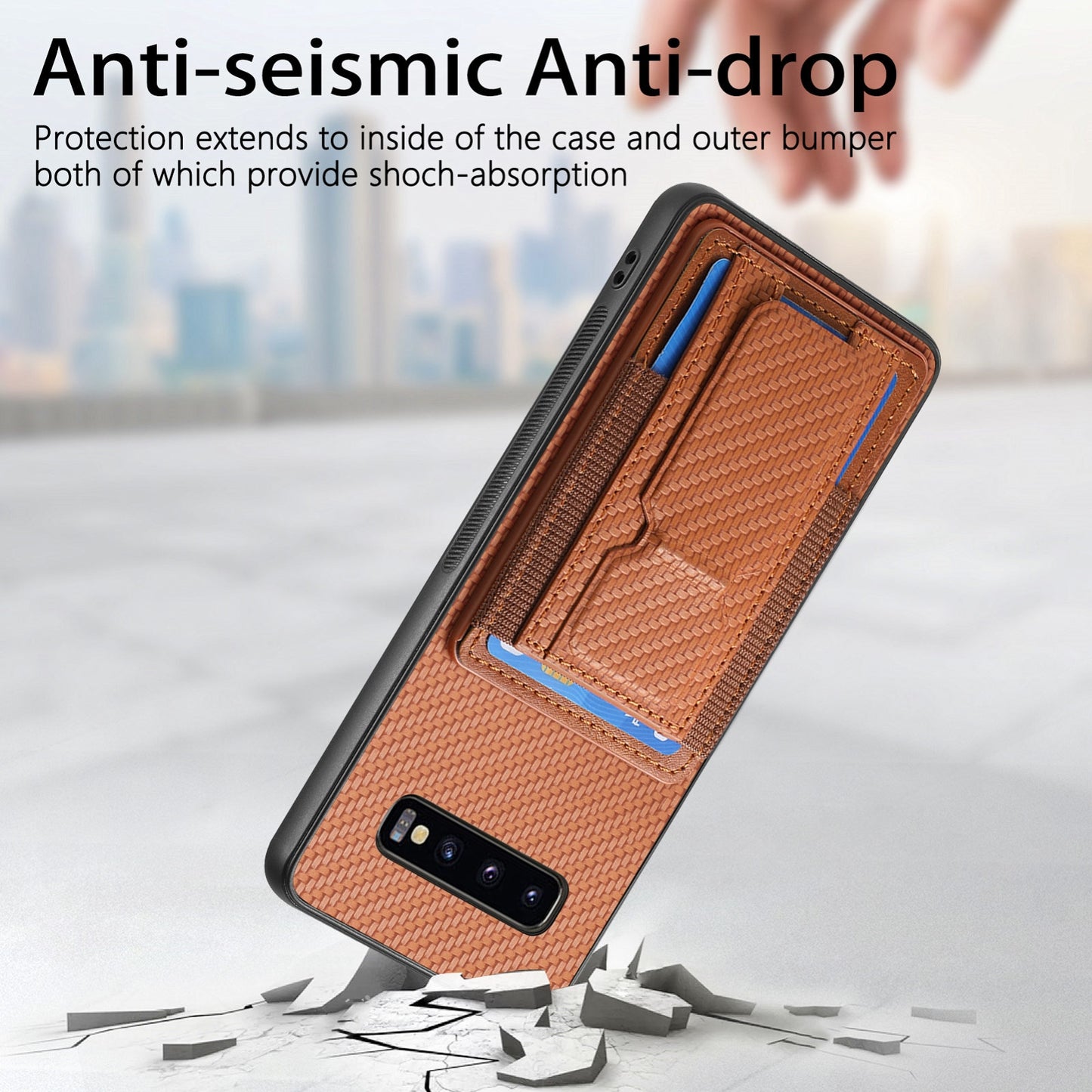Samsung Galaxy S10e Carbon Fiber Fold Stand Elastic Card Bag Phone Case with Multi-Functional Wallet