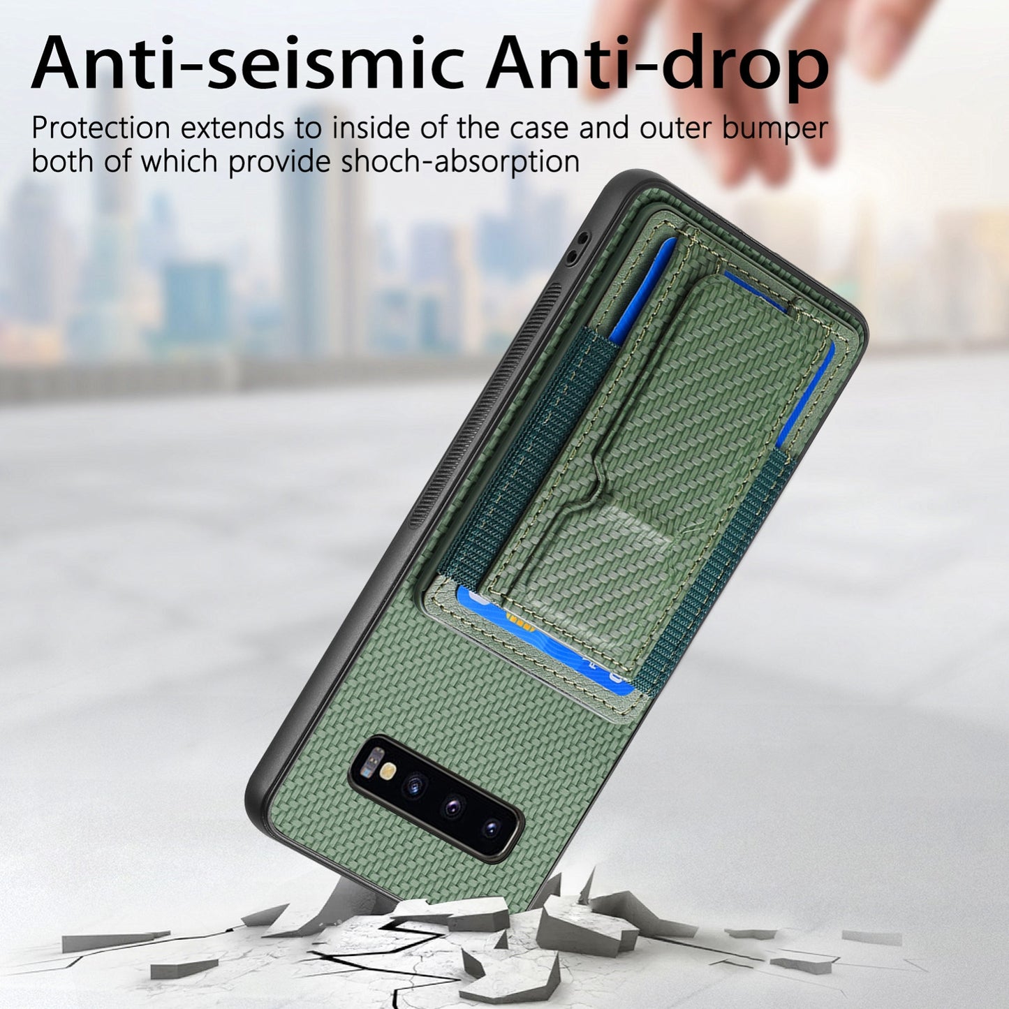 Samsung Galaxy S10e Carbon Fiber Fold Stand Elastic Card Bag Phone Case with Multi-Functional Wallet