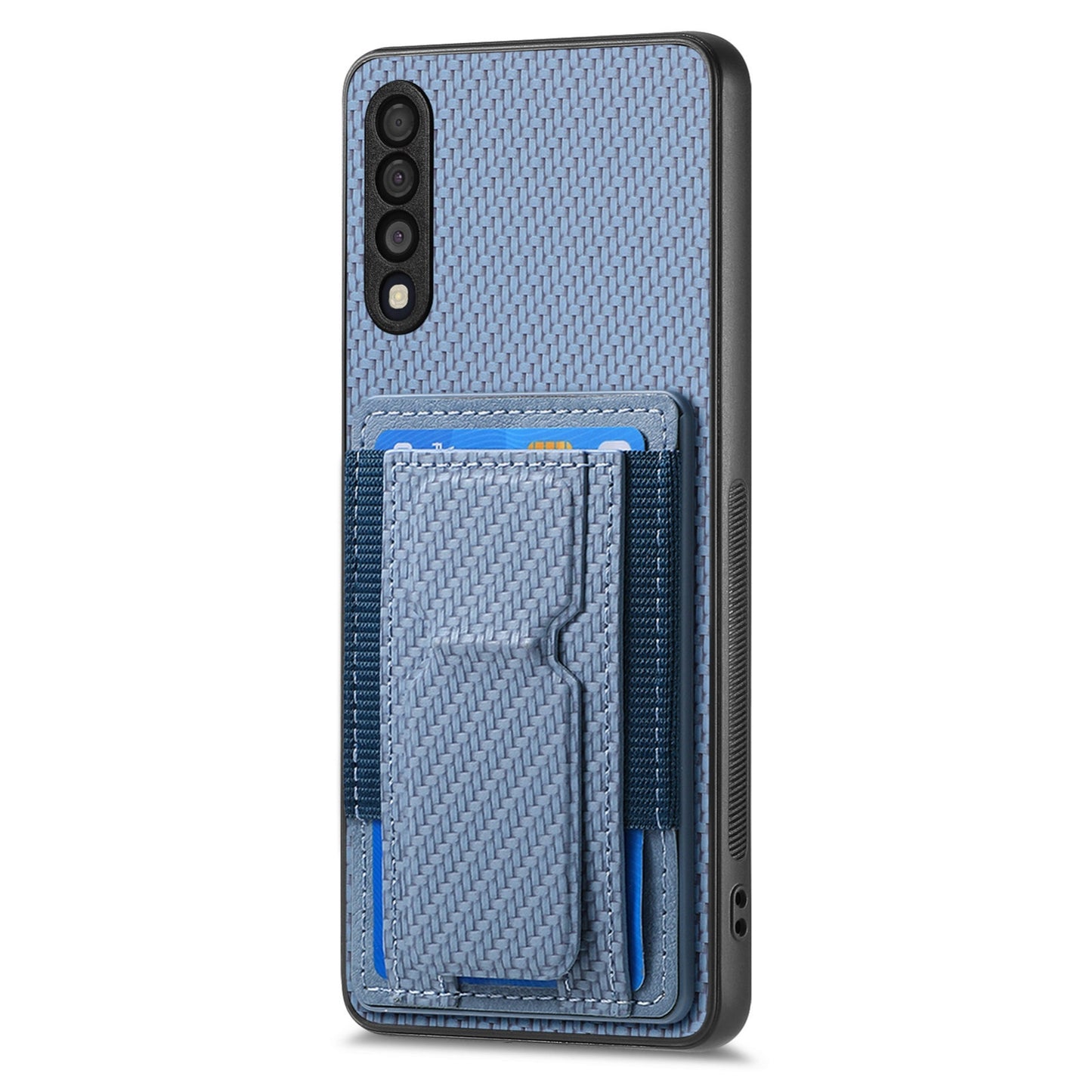 Samsung Galaxy A10 Carbon Fiber Fold Stand Elastic Card Bag Phone Case with Multi-Functional Wallet