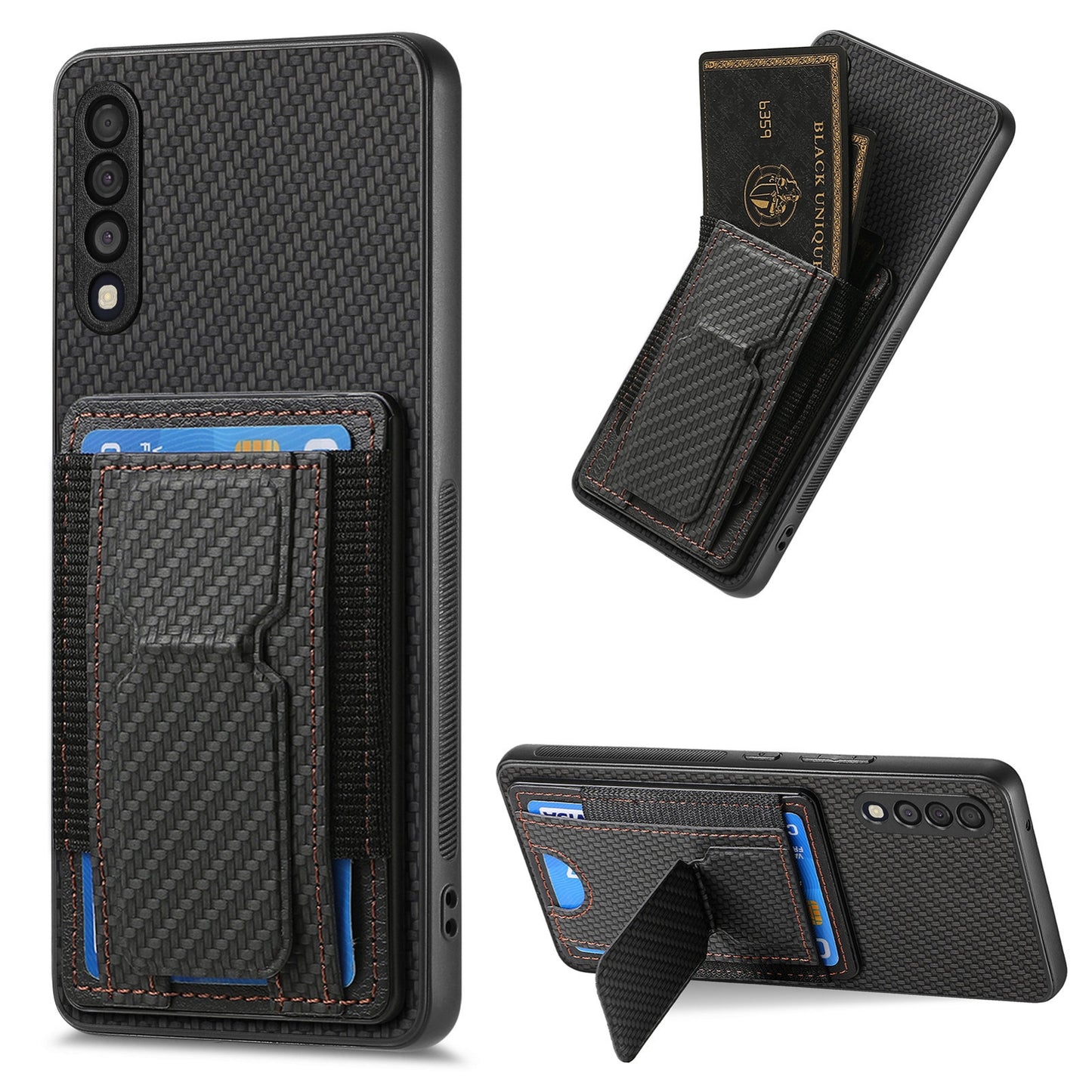 Samsung Galaxy A10 Carbon Fiber Fold Stand Elastic Card Bag Phone Case with Multi-Functional Wallet