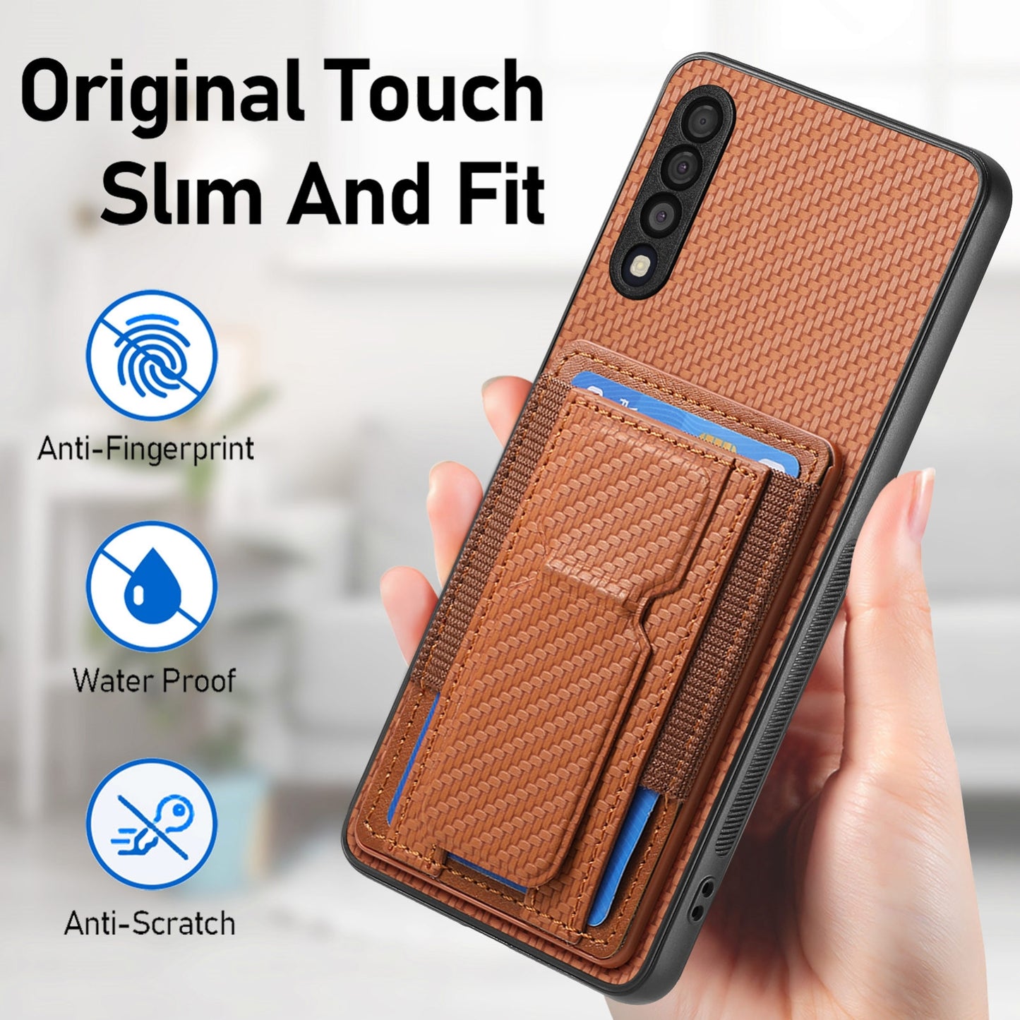 Samsung Galaxy A10 Carbon Fiber Fold Stand Elastic Card Bag Phone Case with Multi-Functional Wallet