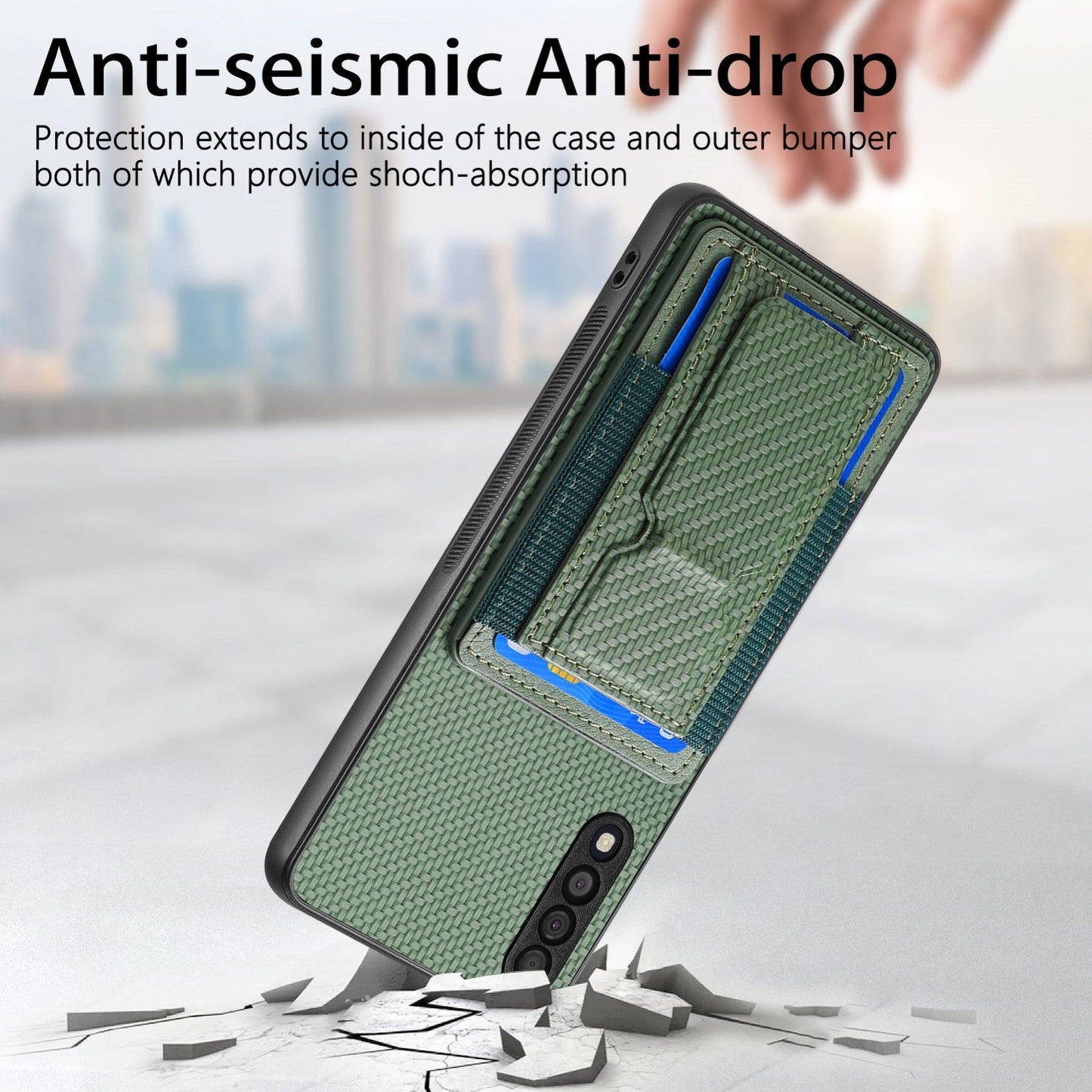 Samsung Galaxy A10 Carbon Fiber Fold Stand Elastic Card Bag Phone Case with Multi-Functional Wallet