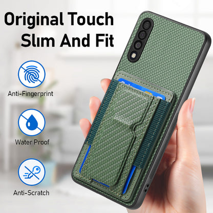 Samsung Galaxy A10 Carbon Fiber Fold Stand Elastic Card Bag Phone Case with Multi-Functional Wallet