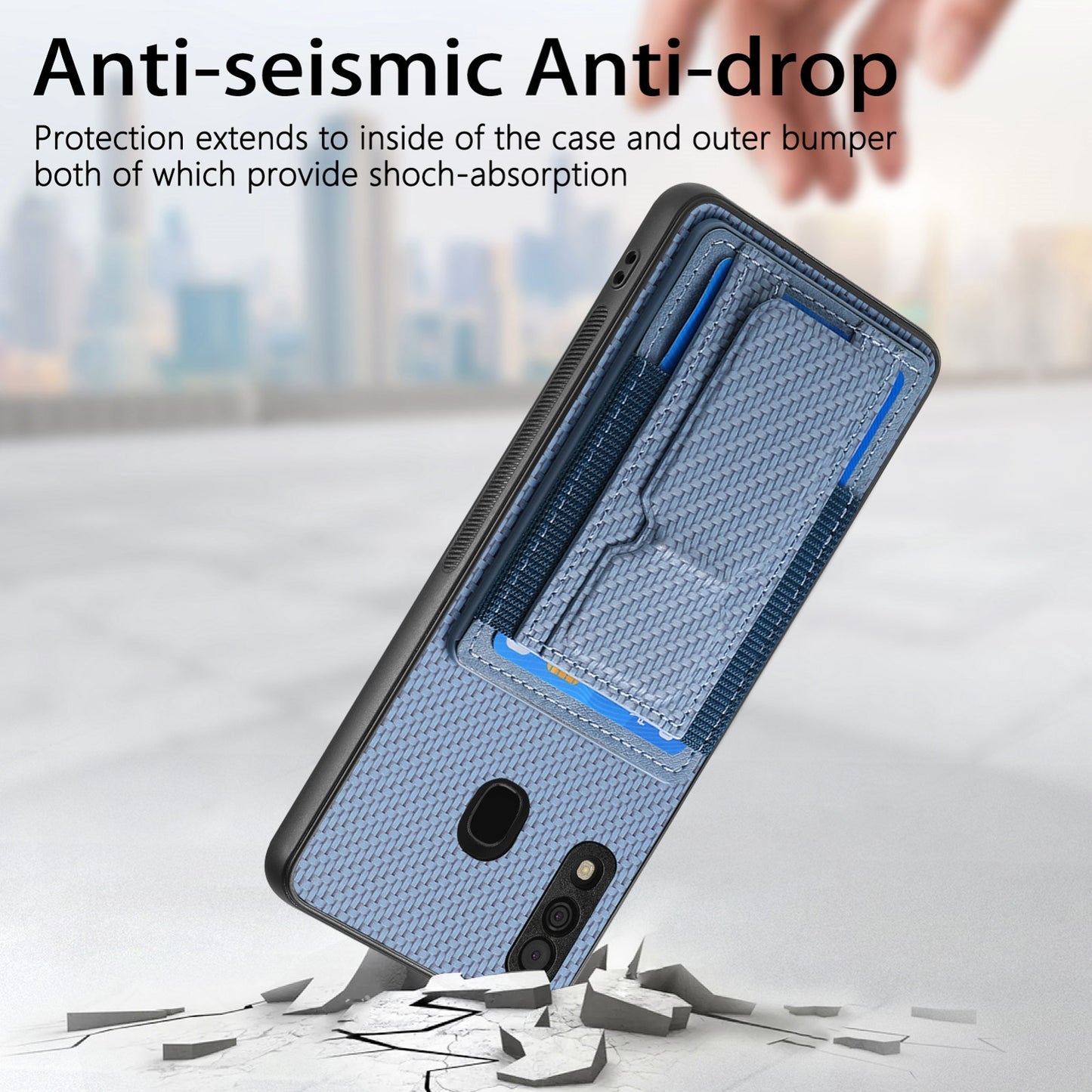 Samsung Galaxy A20s Carbon Fiber Fold Stand Elastic Card Bag Phone Case with Multi-Functional Wallet