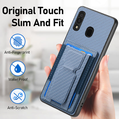 Samsung Galaxy A20s Carbon Fiber Fold Stand Elastic Card Bag Phone Case with Multi-Functional Wallet