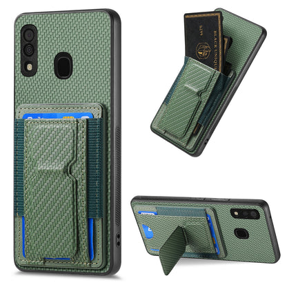 Samsung Galaxy A20s Carbon Fiber Fold Stand Elastic Card Bag Phone Case with Multi-Functional Wallet