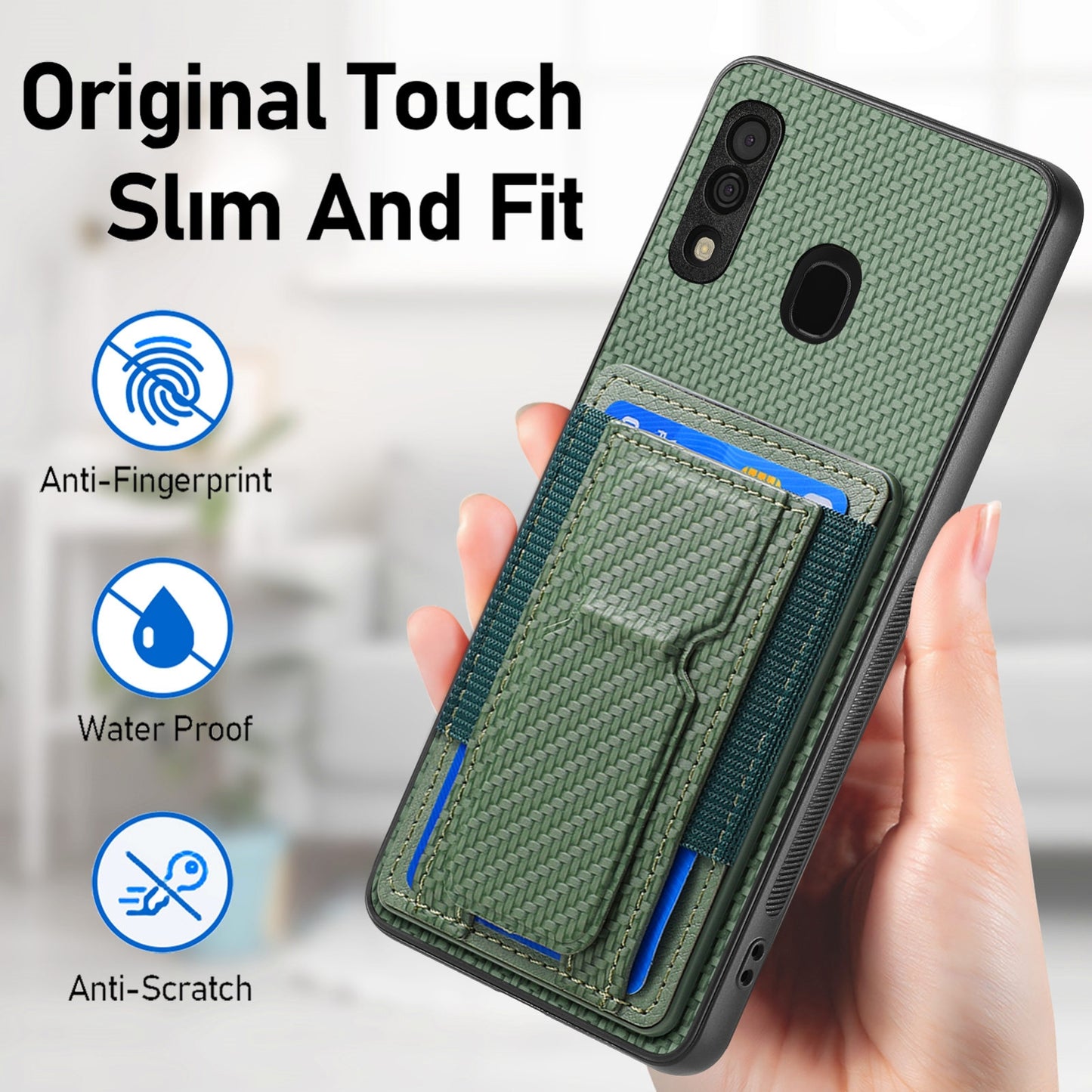 Samsung Galaxy A20s Carbon Fiber Fold Stand Elastic Card Bag Phone Case with Multi-Functional Wallet