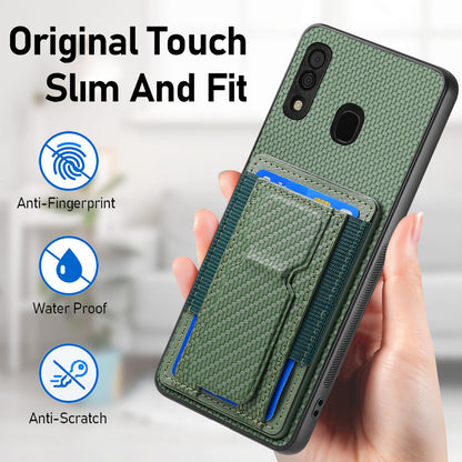 Samsung Galaxy A20s Carbon Fiber Fold Stand Elastic Card Bag Phone Case with Multi-Functional Wallet