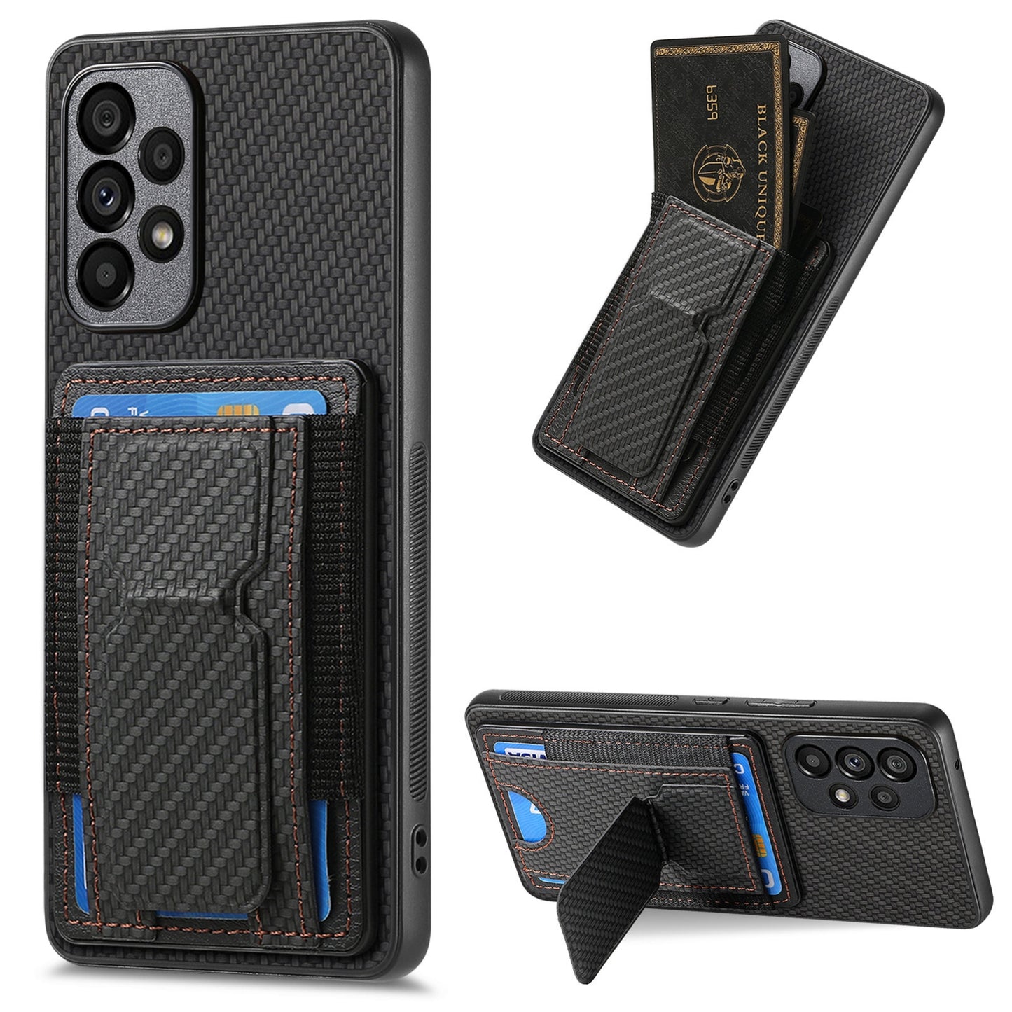 Samsung Galaxy M23 5G Carbon Fiber Fold Stand Elastic Card Bag Phone Case with Multi-Functional Wallet