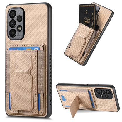 Samsung Galaxy M23 5G Carbon Fiber Fold Stand Elastic Card Bag Phone Case with Multi-Functional Wallet