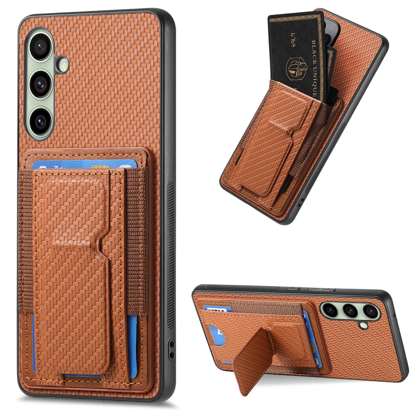 Samsung Galaxy A36 Carbon Fiber Fold Stand Elastic Card Bag Phone Case with Multi-Functional Wallet