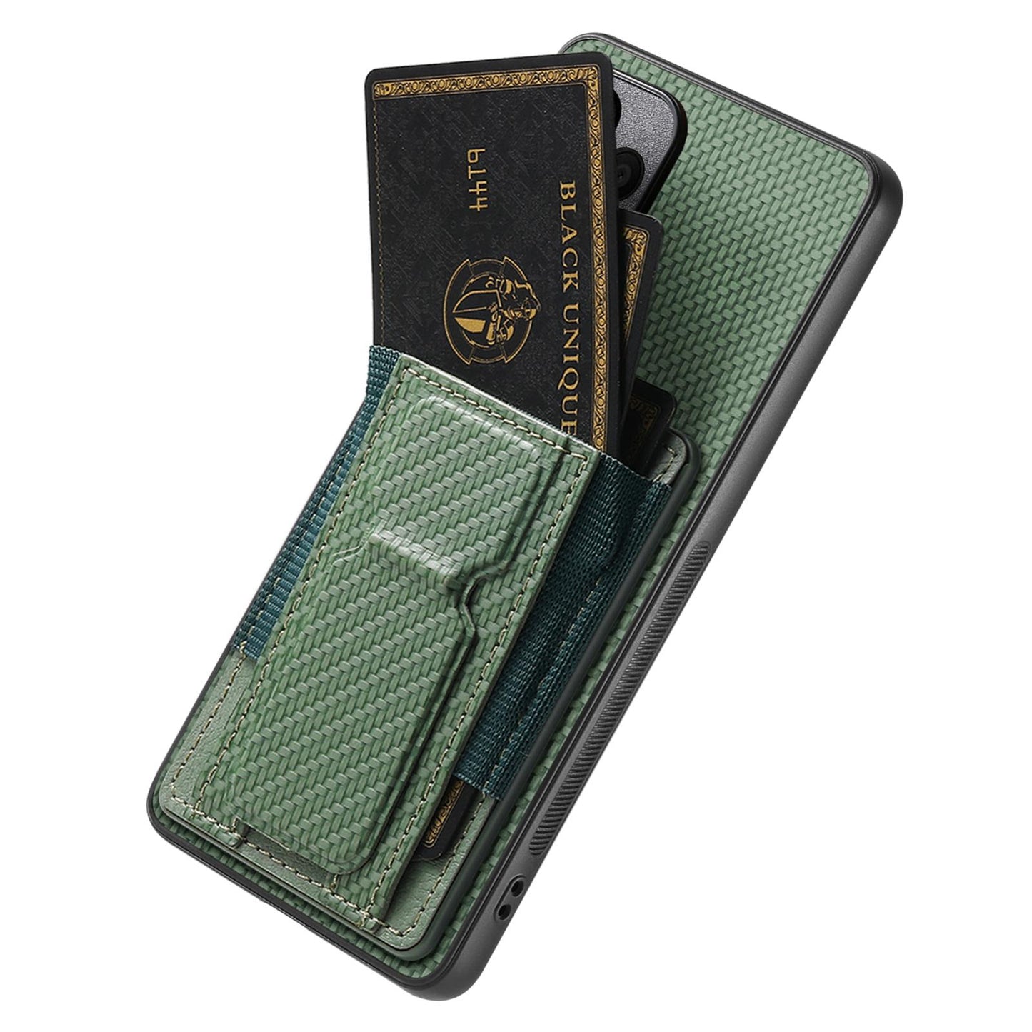 Samsung Galaxy A36 Carbon Fiber Fold Stand Elastic Card Bag Phone Case with Multi-Functional Wallet