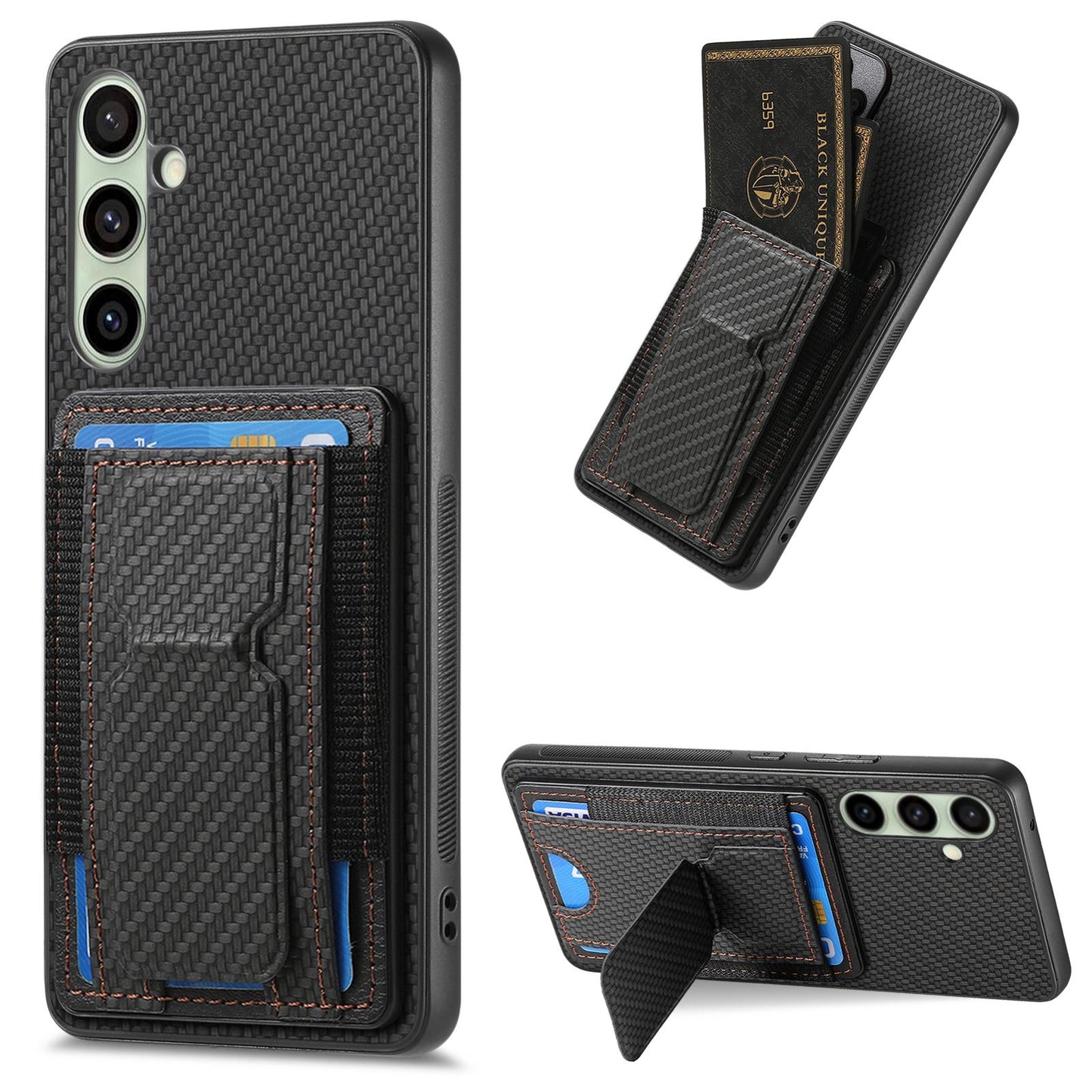 Samsung Galaxy A56 5G Carbon Fiber Fold Stand Elastic Card Bag Phone Case with Multi-Functional Wallet