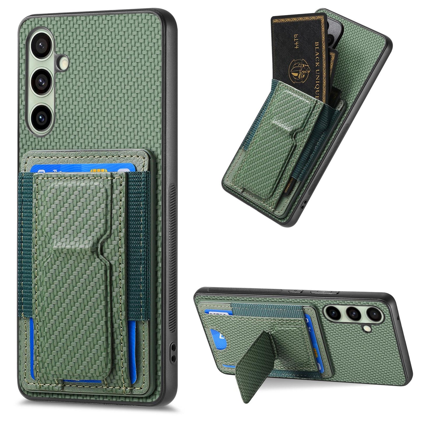 Samsung Galaxy A56 5G Carbon Fiber Fold Stand Elastic Card Bag Phone Case with Multi-Functional Wallet