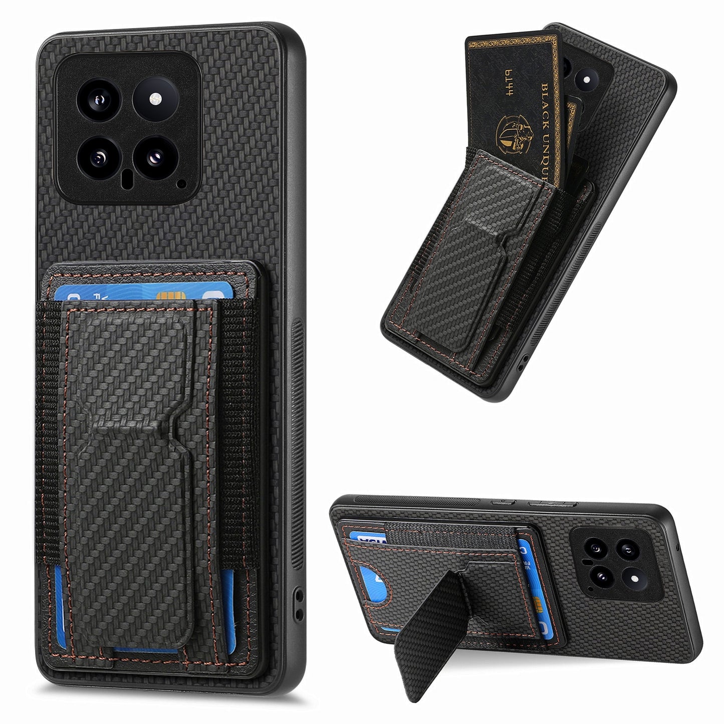 Xiaomi 14 Carbon Fiber Fold Stand Elastic Card Bag Phone Case with Multi-Functional Wallet