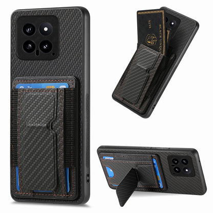 Xiaomi 14 Carbon Fiber Fold Stand Elastic Card Bag Phone Case with Multi-Functional Wallet