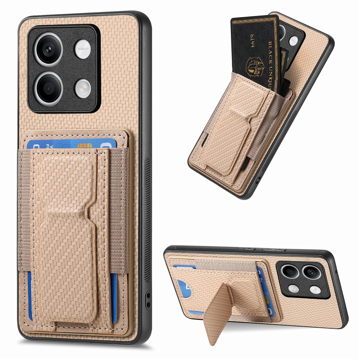Xiaomi Redmi Note 13 5G Carbon Fiber Fold Stand Elastic Card Bag Phone Case with Multi-Functional Wallet