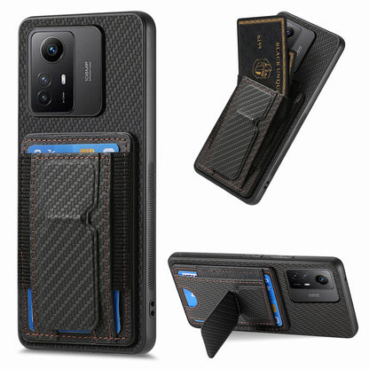 Xiaomi Redmi Note 12S Carbon Fiber Fold Stand Elastic Card Bag Phone Case with Multi-Functional Wallet