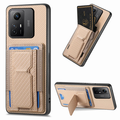 Xiaomi Redmi Note 12S Carbon Fiber Fold Stand Elastic Card Bag Phone Case with Multi-Functional Wallet
