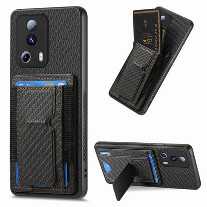 Xiaomi Redmi Note 12 Turbo Carbon Fiber Fold Stand Elastic Card Bag Phone Case with Multi-Functional Wallet