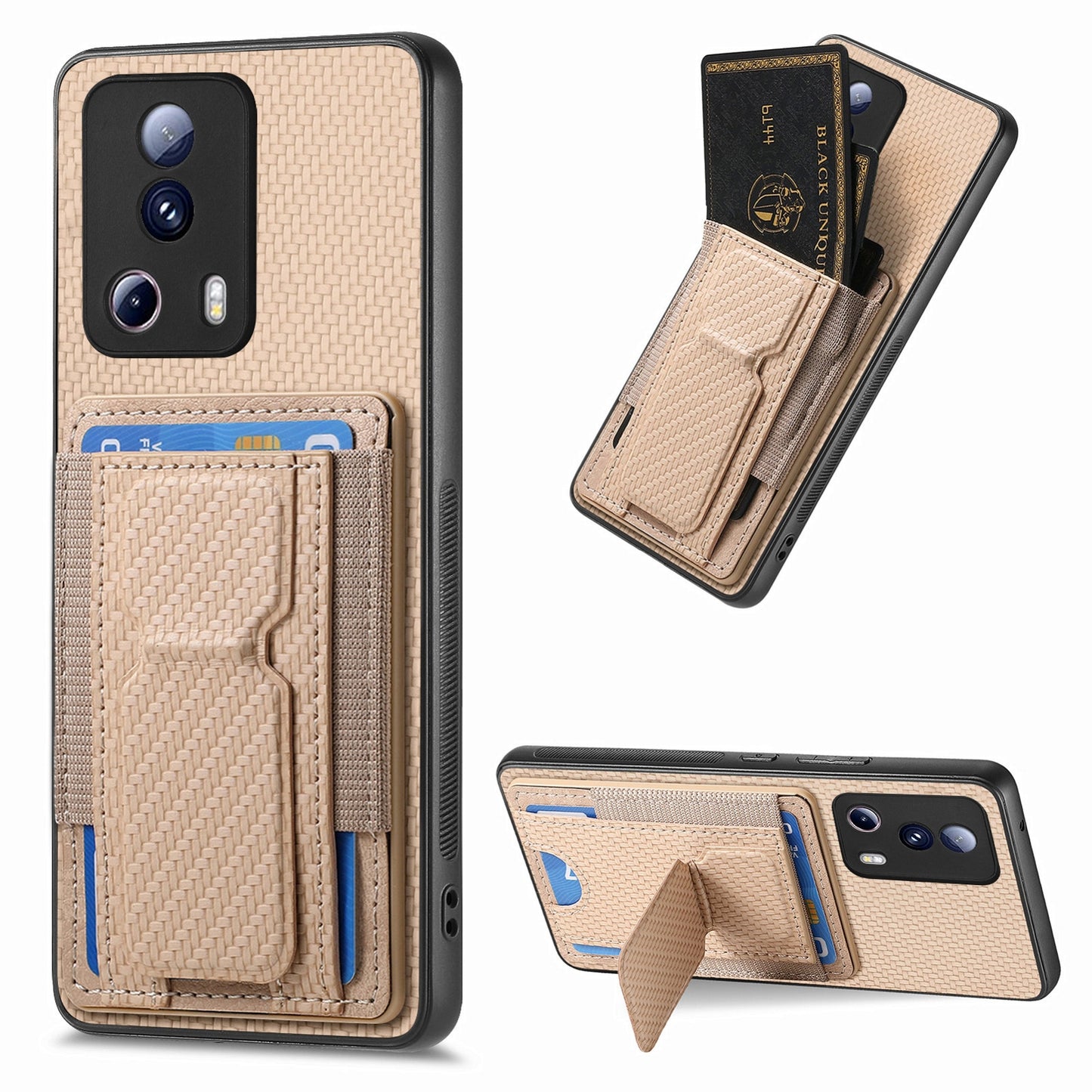 Xiaomi Redmi Note 12 Turbo Carbon Fiber Fold Stand Elastic Card Bag Phone Case with Multi-Functional Wallet