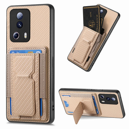 Xiaomi Redmi Note 12 Turbo Carbon Fiber Fold Stand Elastic Card Bag Phone Case with Multi-Functional Wallet