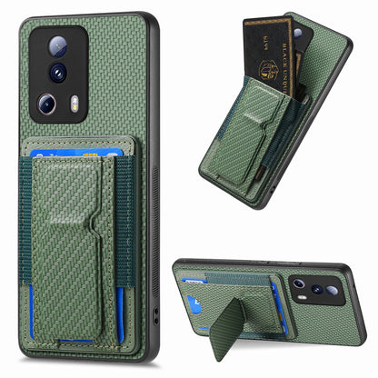 Xiaomi Redmi Note 12 Turbo Carbon Fiber Fold Stand Elastic Card Bag Phone Case with Multi-Functional Wallet