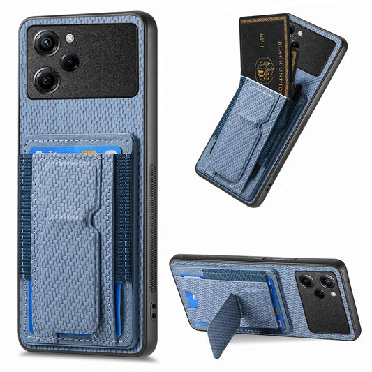 Xiaomi Poco X5 Pro Carbon Fiber Fold Stand Elastic Card Bag Phone Case with Multi-Functional Wallet