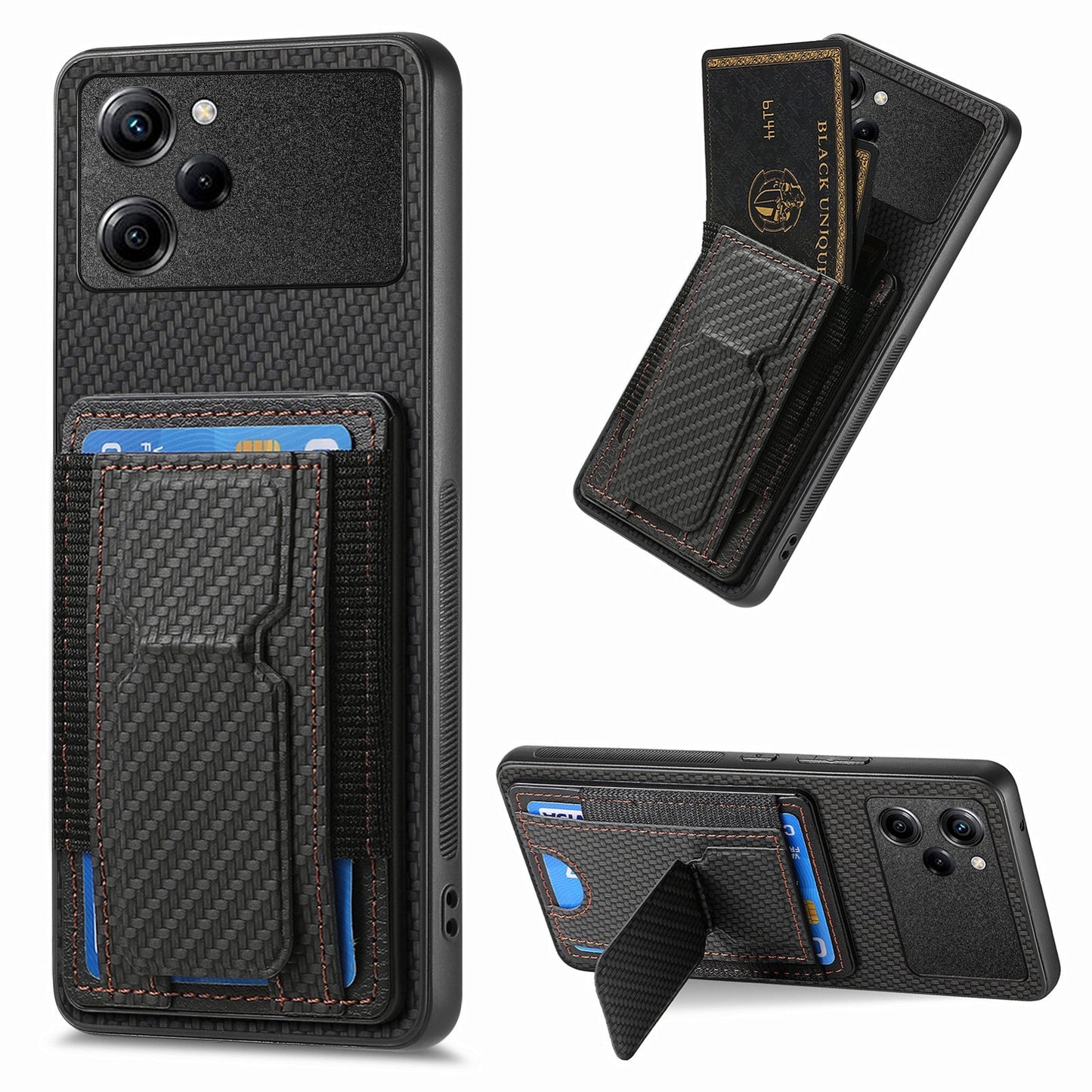Xiaomi Poco X5 Pro Carbon Fiber Fold Stand Elastic Card Bag Phone Case with Multi-Functional Wallet