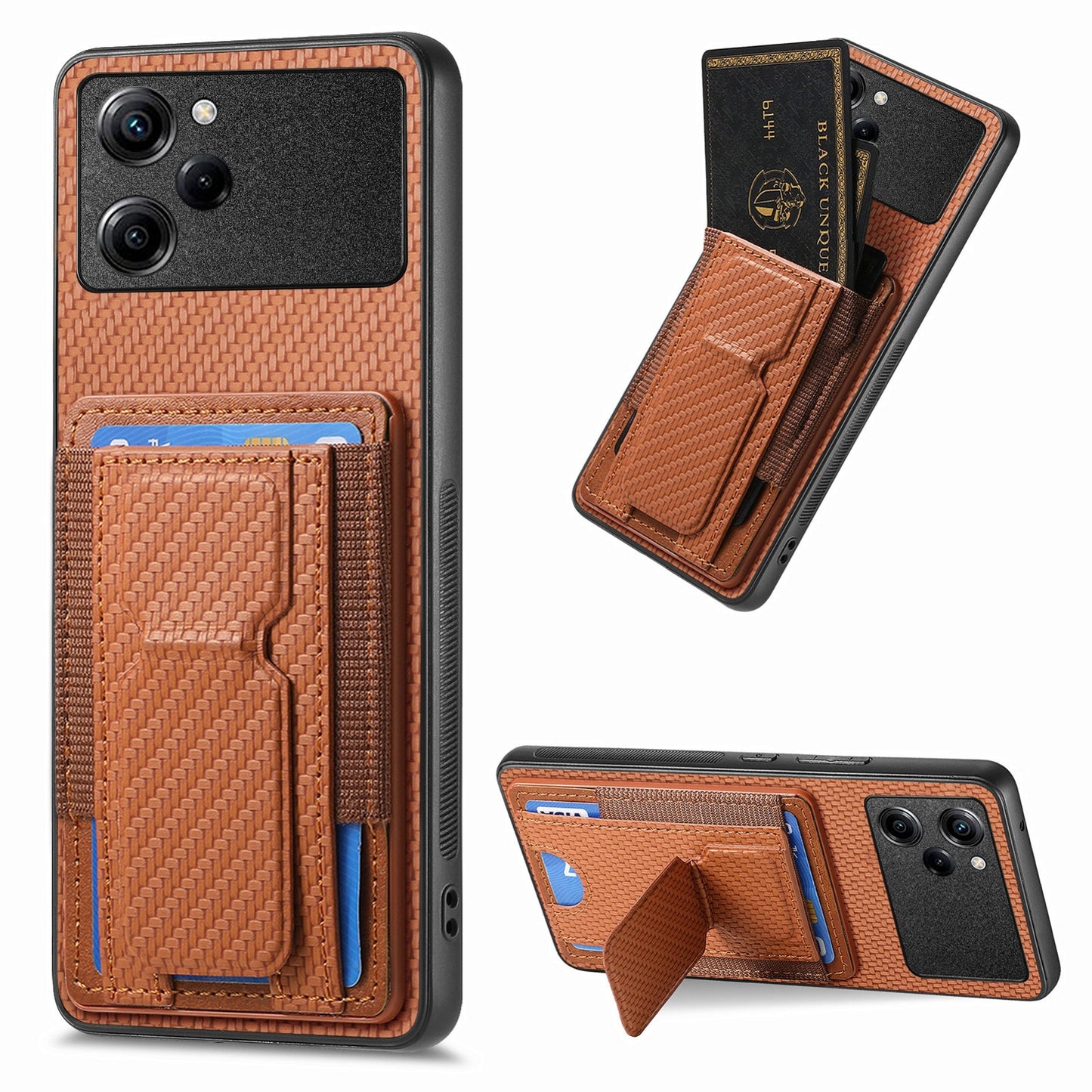 Xiaomi Poco X5 Pro Carbon Fiber Fold Stand Elastic Card Bag Phone Case with Multi-Functional Wallet