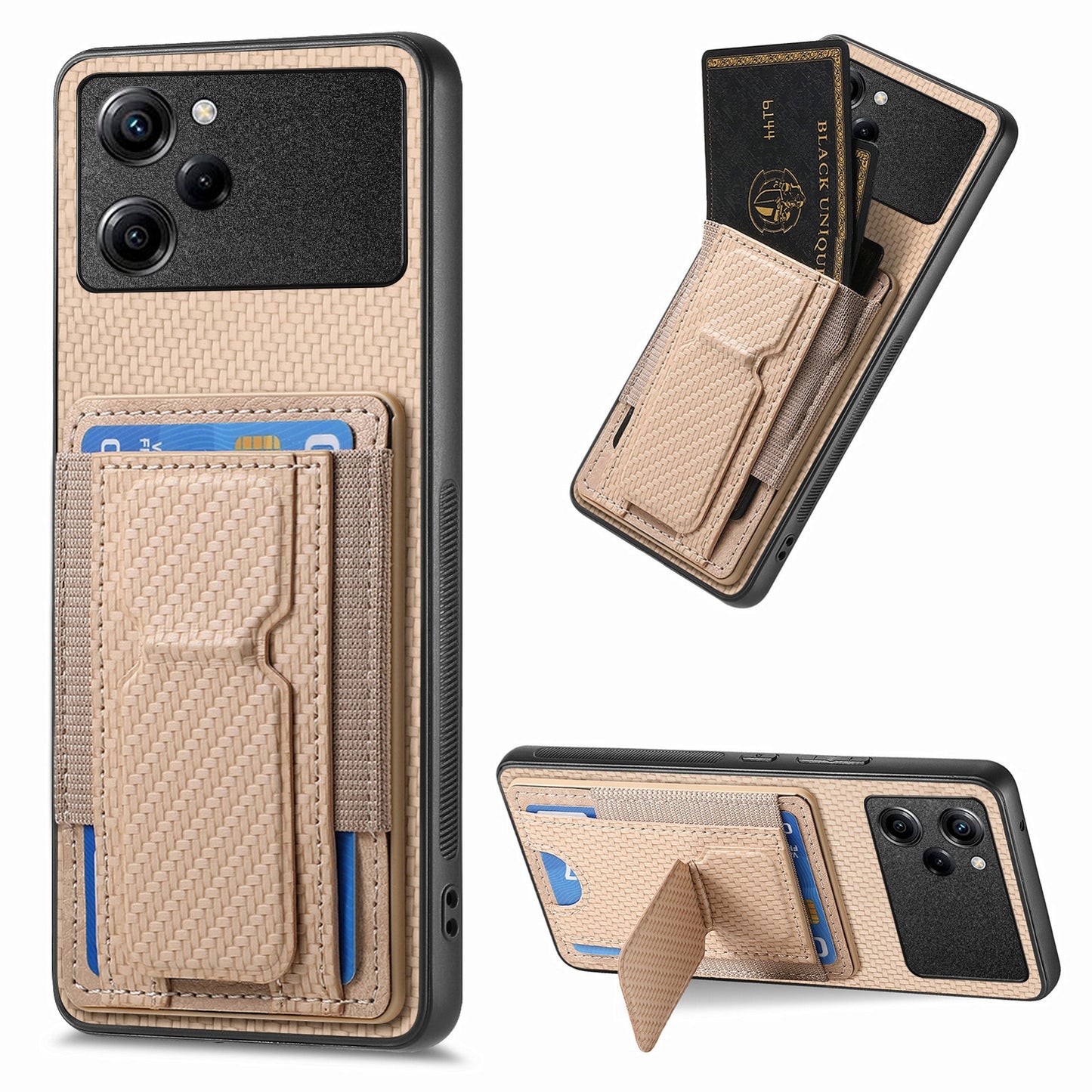 Xiaomi Poco X5 Pro Carbon Fiber Fold Stand Elastic Card Bag Phone Case with Multi-Functional Wallet