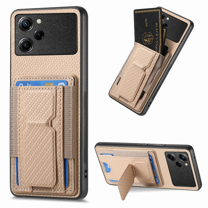 Xiaomi Poco X5 Pro Carbon Fiber Fold Stand Elastic Card Bag Phone Case with Multi-Functional Wallet