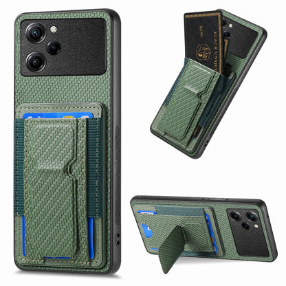 Xiaomi Poco X5 Pro Carbon Fiber Fold Stand Elastic Card Bag Phone Case with Multi-Functional Wallet