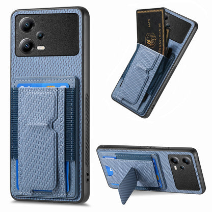 Xiaomi Poco X5 Carbon Fiber Fold Stand Elastic Card Bag Phone Case with Multi-Functional Wallet