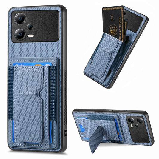 Xiaomi Poco X5 Carbon Fiber Fold Stand Elastic Card Bag Phone Case with Multi-Functional Wallet
