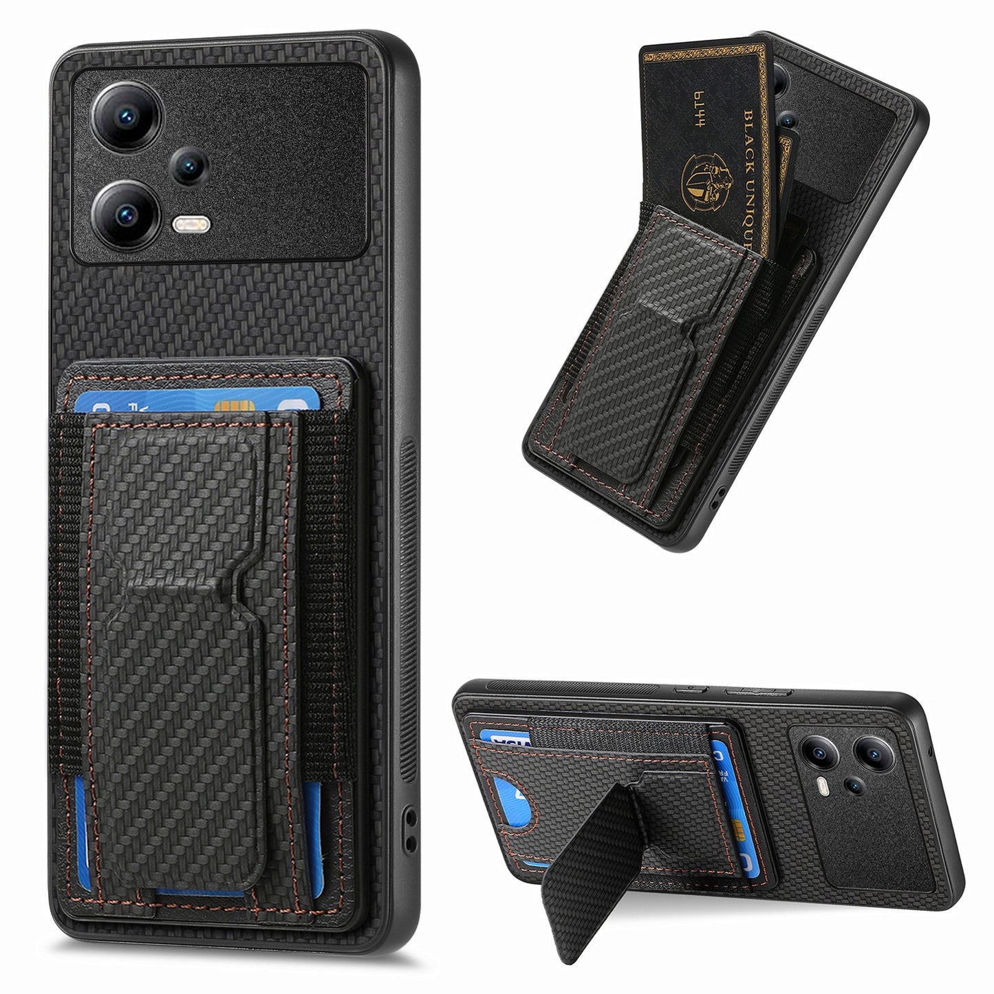 Xiaomi Poco X5 Carbon Fiber Fold Stand Elastic Card Bag Phone Case with Multi-Functional Wallet