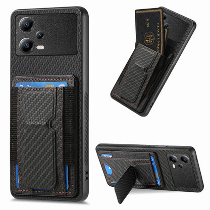 Xiaomi Poco X5 Carbon Fiber Fold Stand Elastic Card Bag Phone Case with Multi-Functional Wallet