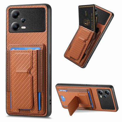 Xiaomi Poco X5 Carbon Fiber Fold Stand Elastic Card Bag Phone Case with Multi-Functional Wallet