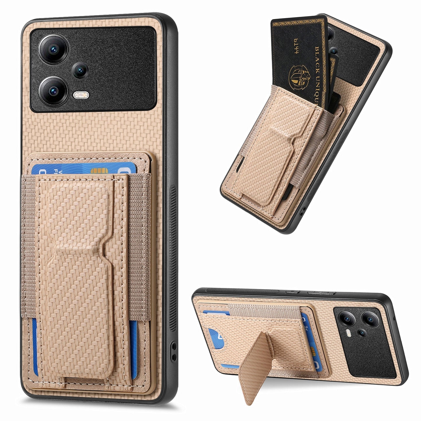 Xiaomi Poco X5 Carbon Fiber Fold Stand Elastic Card Bag Phone Case with Multi-Functional Wallet