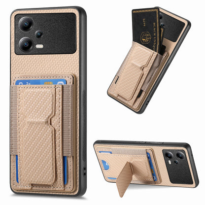 Xiaomi Poco X5 Carbon Fiber Fold Stand Elastic Card Bag Phone Case with Multi-Functional Wallet