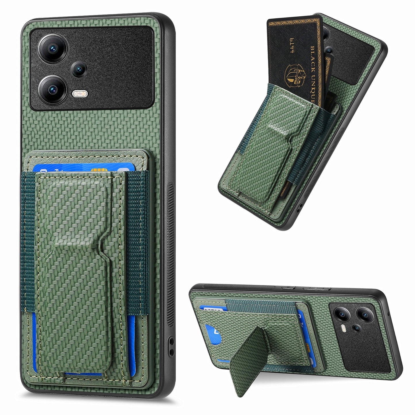Xiaomi Poco X5 Carbon Fiber Fold Stand Elastic Card Bag Phone Case with Multi-Functional Wallet
