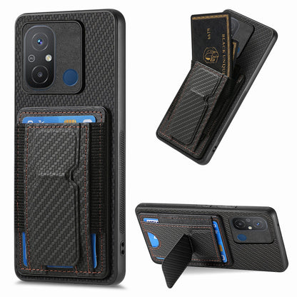 Xiaomi Redmi 12C Carbon Fiber Fold Stand Elastic Card Bag Phone Case with Multi-Functional Wallet
