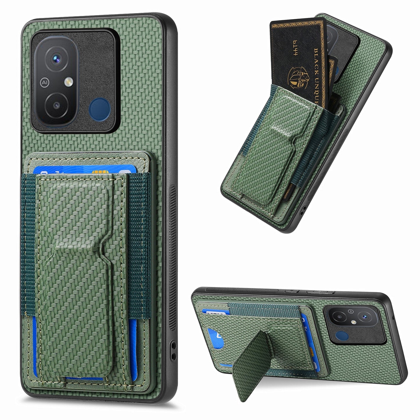 Xiaomi Redmi 12C Carbon Fiber Fold Stand Elastic Card Bag Phone Case with Multi-Functional Wallet
