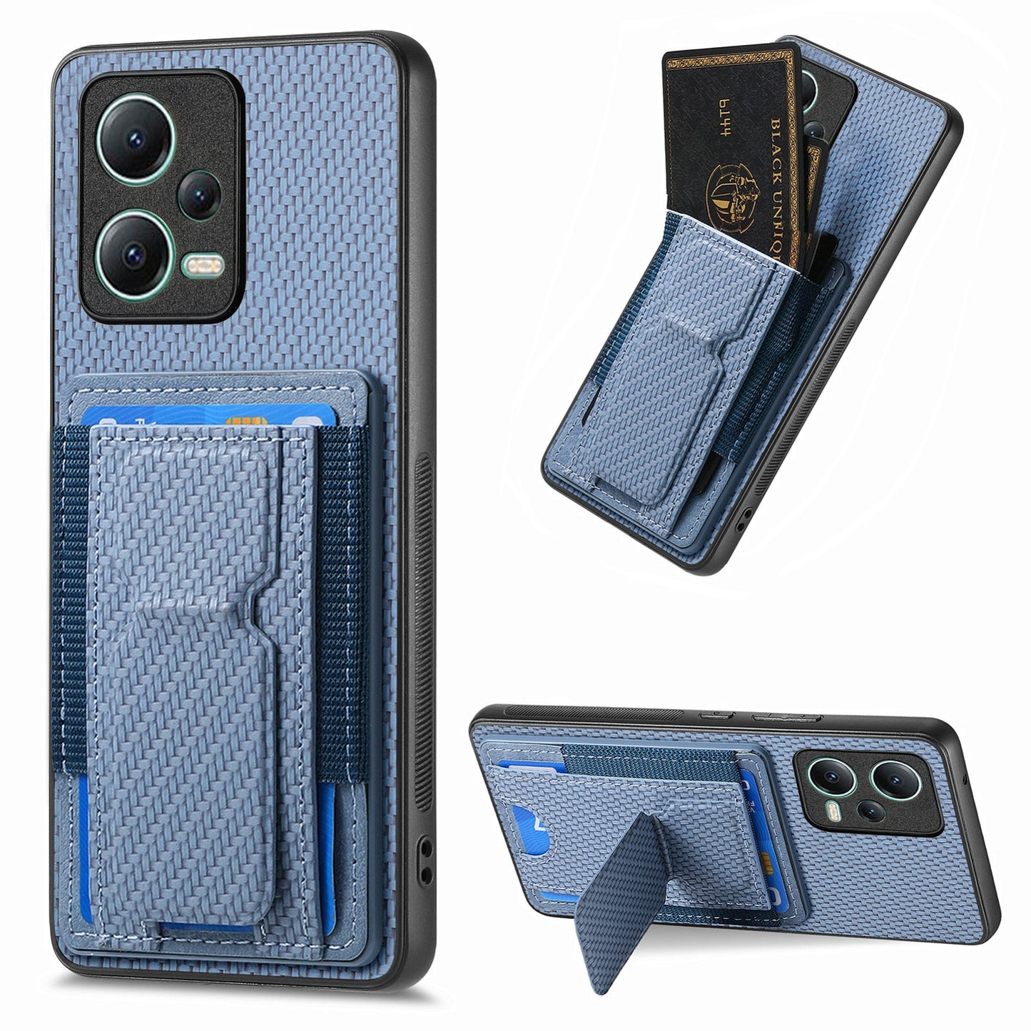 Xiaomi 13 Lite Carbon Fiber Fold Stand Elastic Card Bag Phone Case with Multi-Functional Wallet